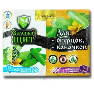 Зелений щит для огірків, кабачків. Інсектицид + прилипач 3 мл, фунгіцид + стимулятор росту 12 мл. Зелений щит для огірків, кабачків. Інсектицид + прилипач 3 мл, фунгіцид + стимулятор росту 12 мл.